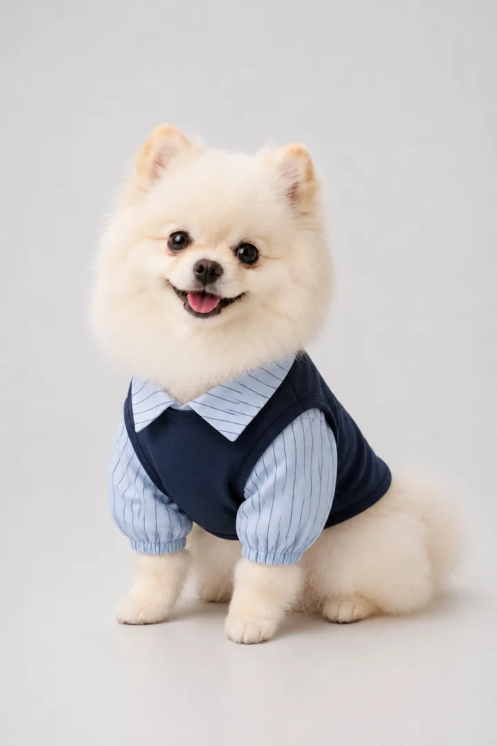White Pomeranian in a navy layered academy shirt