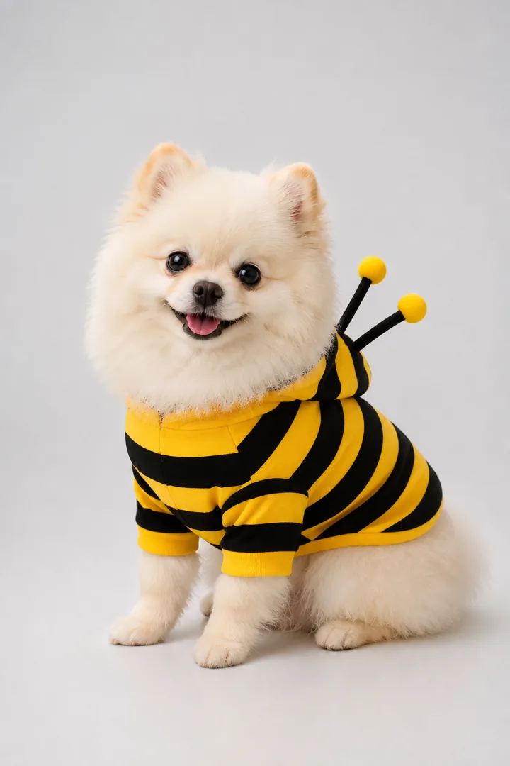 White Pomeranian in a yellow and black bumblebee costume