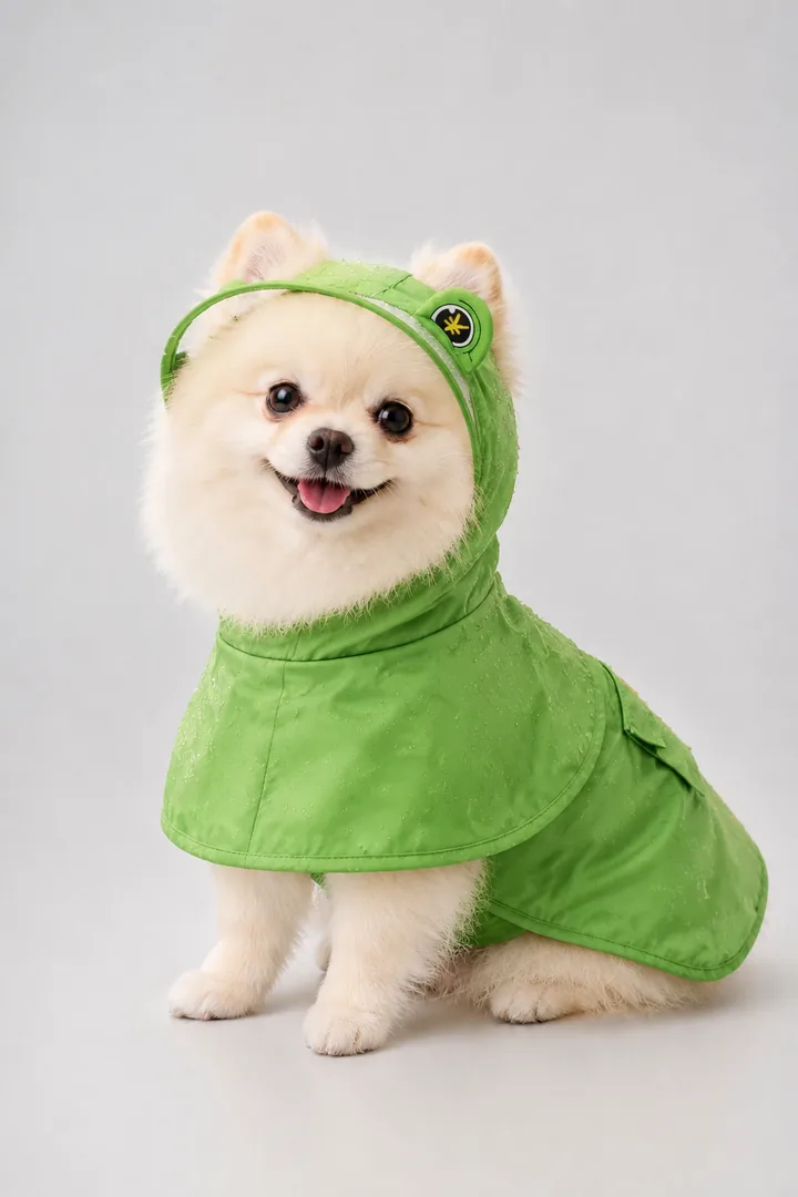 White Pomeranian in a bright green rain cape