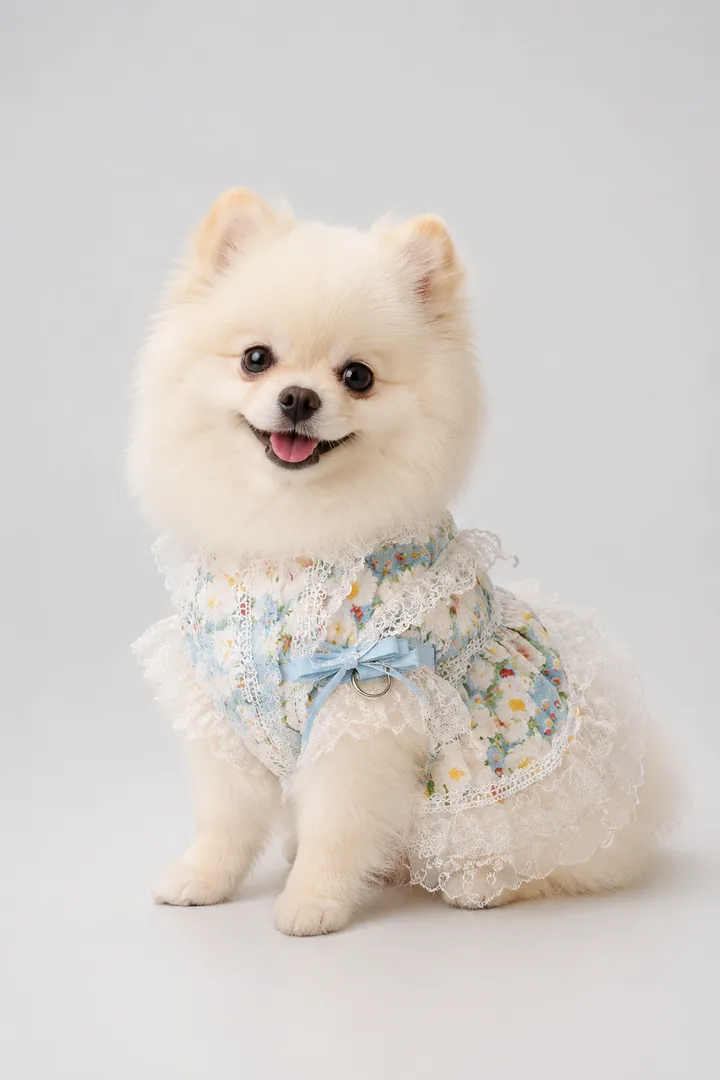 White Pomeranian in a pale blue floral lace dress