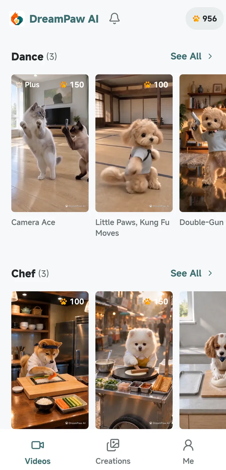DreamPaw AI uygulamasında dans ve şef video şablonları görünüyor